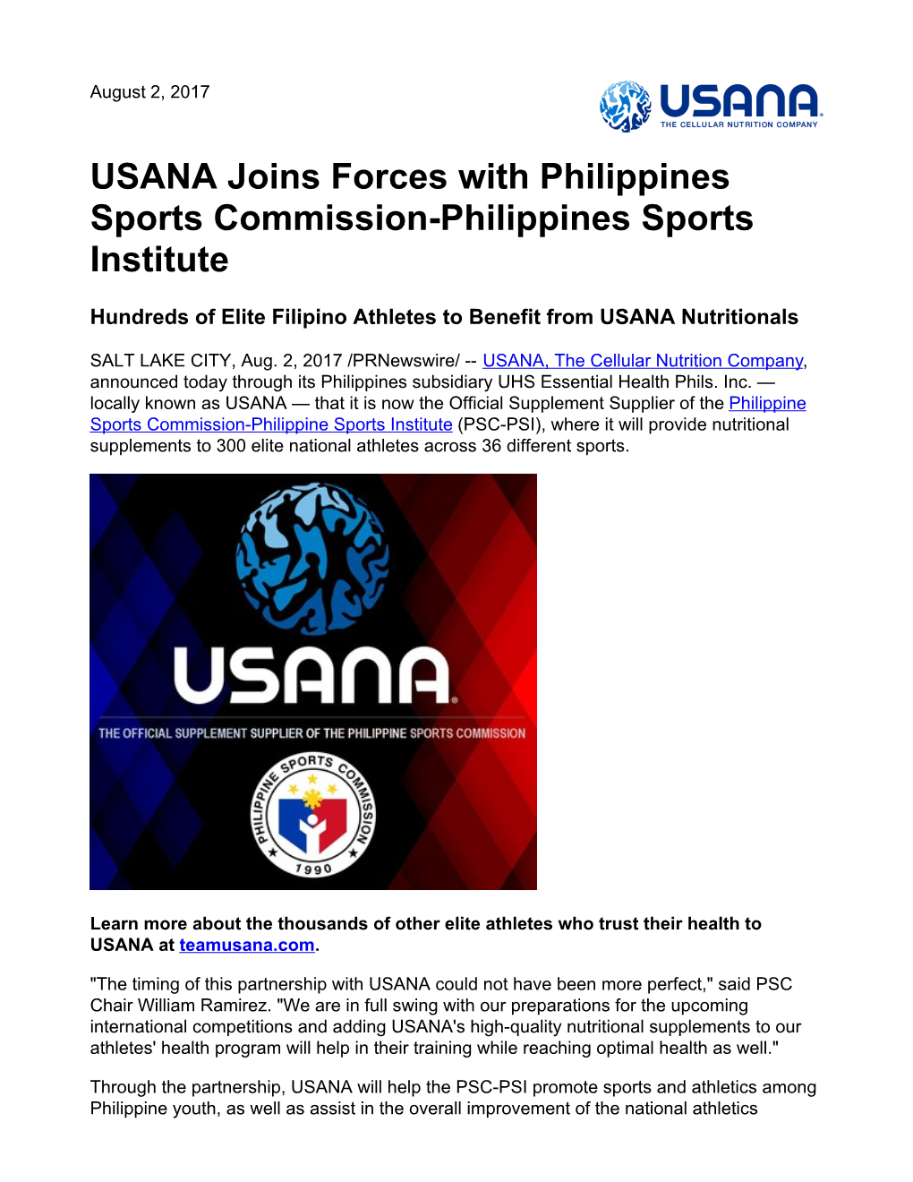 USANA Joins Forces with Philippines Sports Commission-Philippines Sports Institute