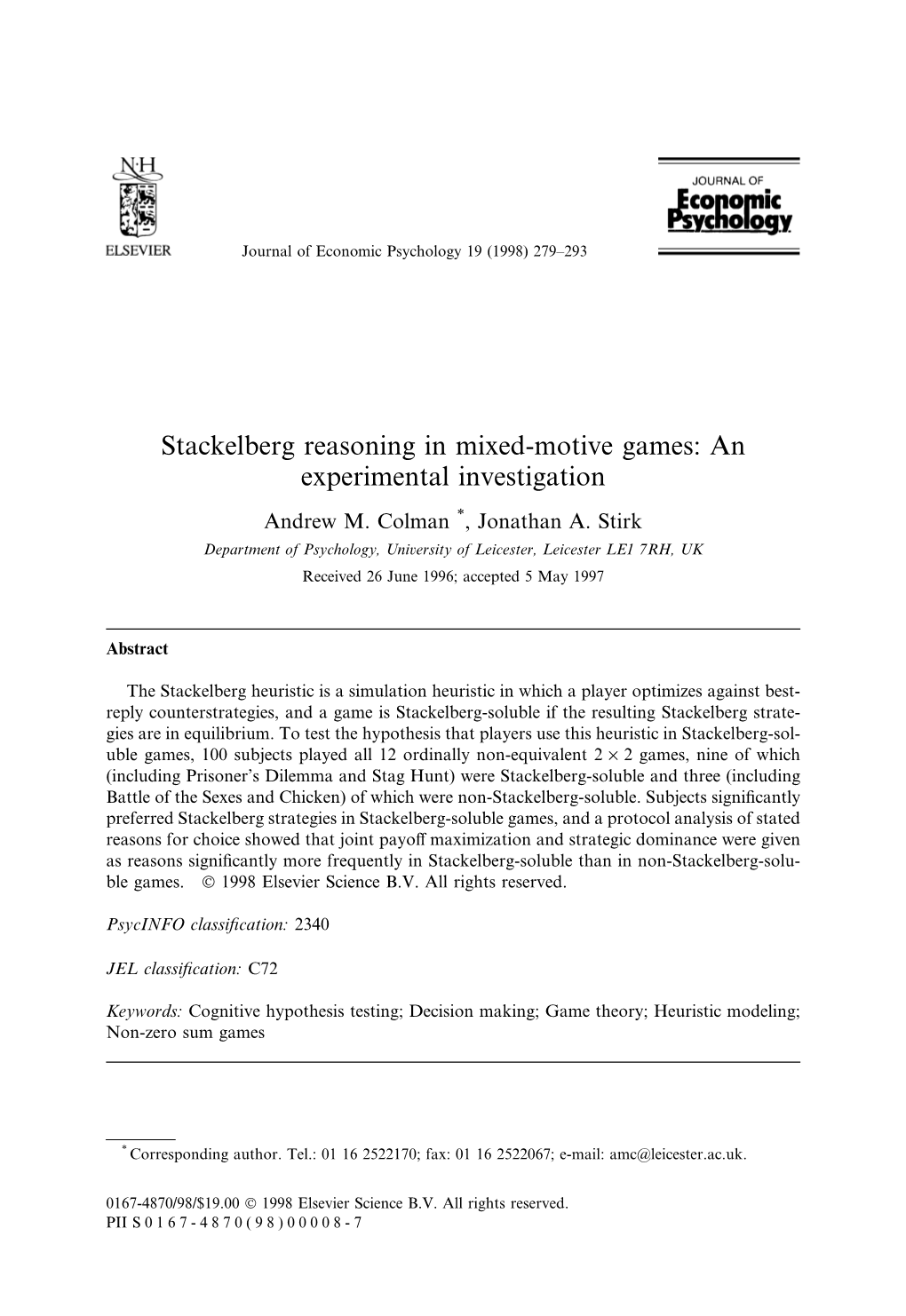 Stackelberg Reasoning in Mixed-Motive Games: an Experimental Investigation