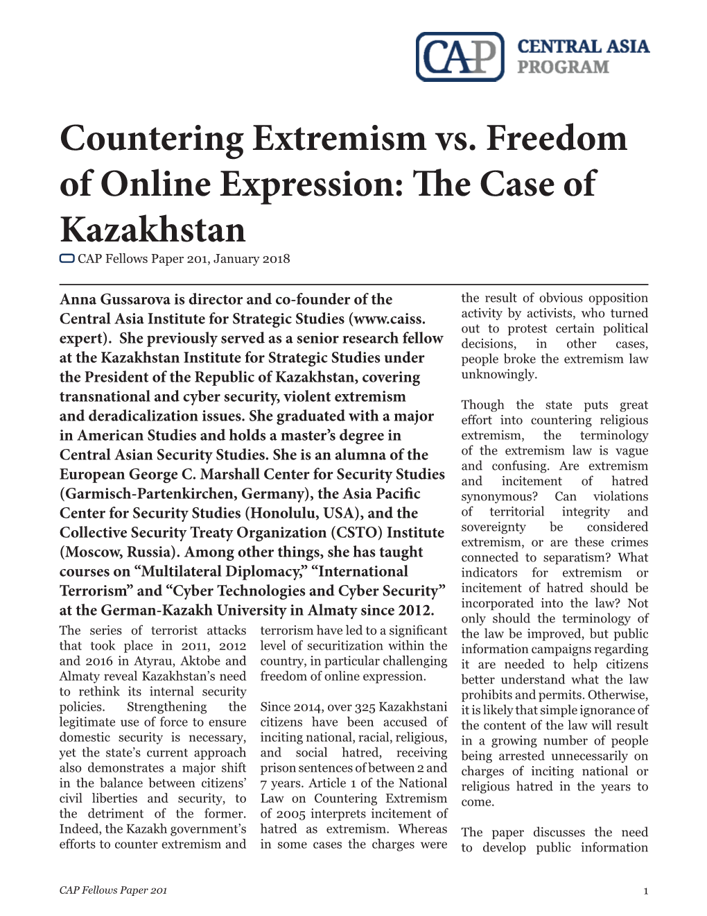 Countering Extremism Vs. Freedom of Online Expression: the Case of Kazakhstan CAP Fellows Paper 201, January 2018