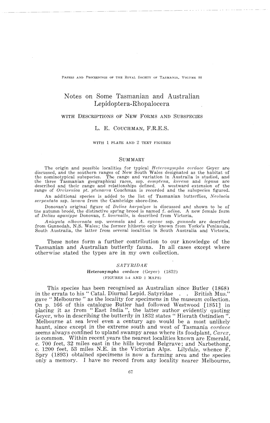 Notes on Some Tasmanian and Australian Lepidoptera-Rhopalocera