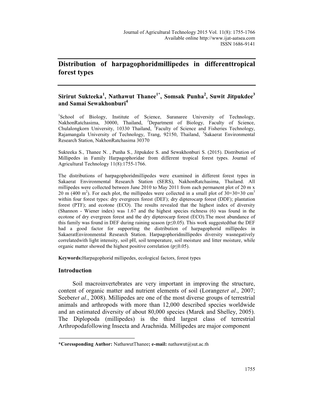 Distribution of Millipedes in Family Harpagophoridae from Different Tropical Forest Types