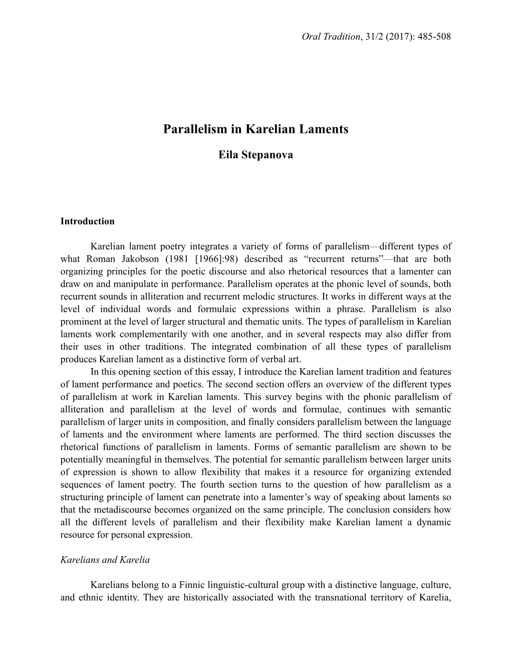 Parallelism in Karelian Laments