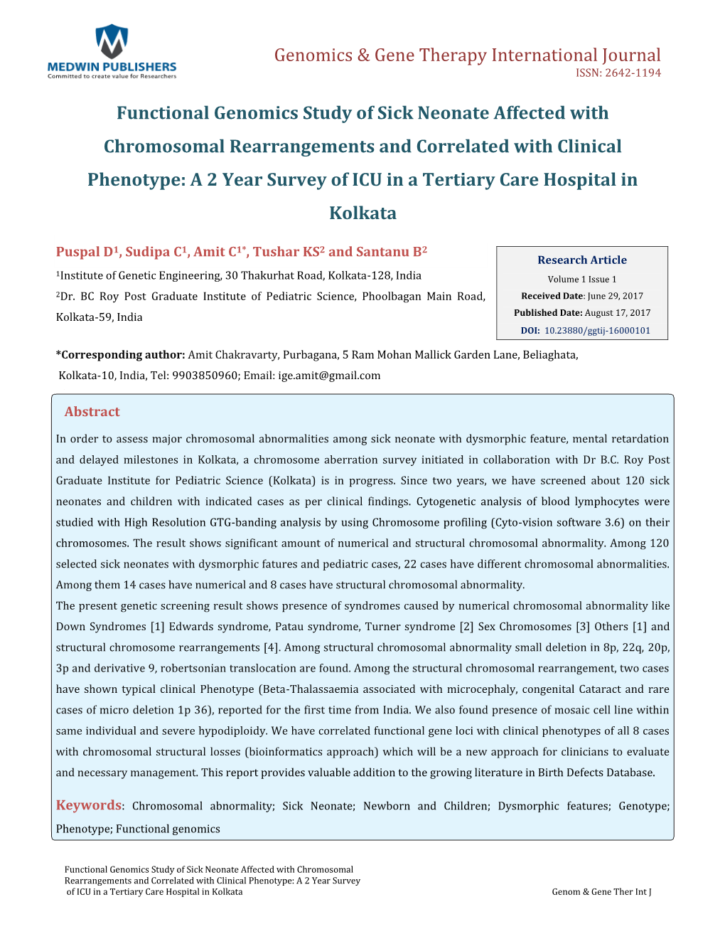 Amit C, Et Al. Functional Genomics Study of Sick Neonate Affected with Copyright© Amit C, Et Al