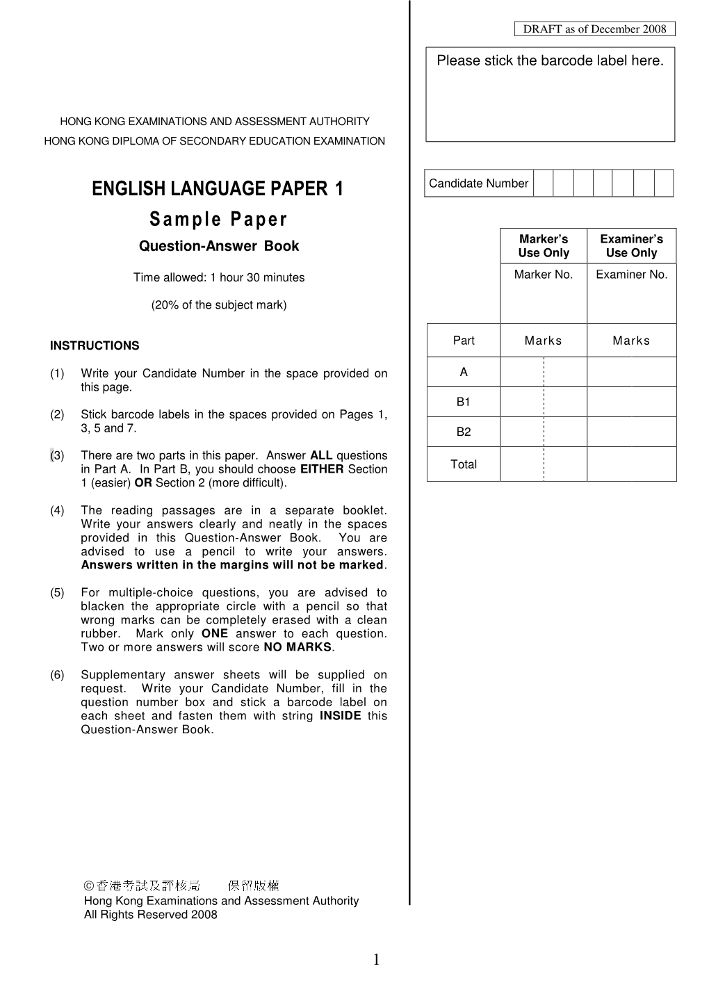 ENGLISH LANGUAGE PAPER 1 Candidate Number