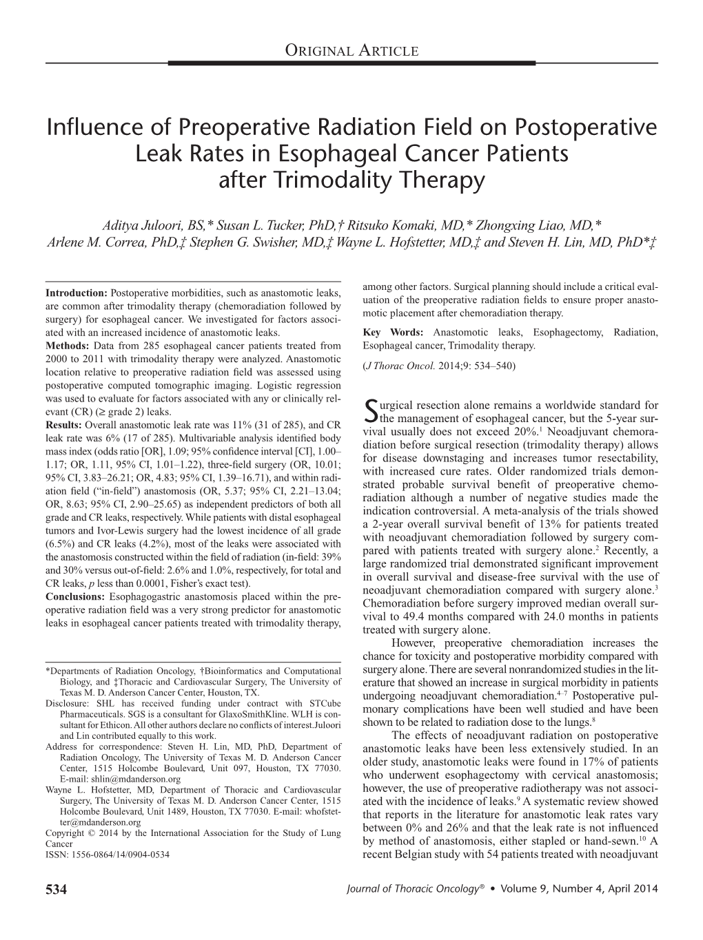 Influence of Preoperative Radiation Field on Postoperative Leak Rates in Esophageal Cancer Patients After Trimodality Therapy
