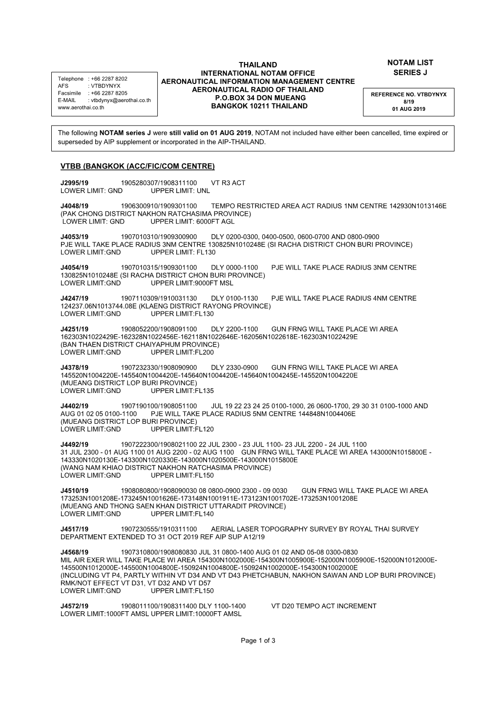 Thailand Vtbb (Bangkok (Acc/Fic/Com Centre) Notam List Series J