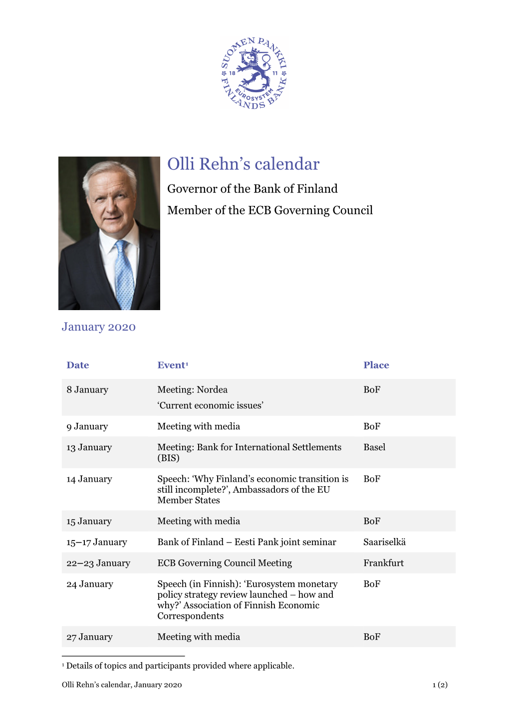 Olli Rehn's Calendar