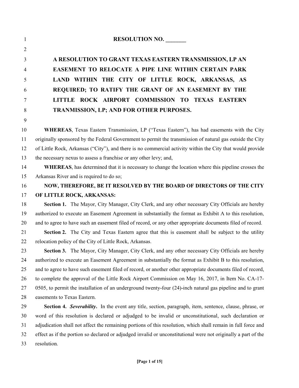 Resolution No. ___A Resolution to Grant Texas Eastern Transmission, Lp an Easement to Relocate a Pipe Line Within Certain P