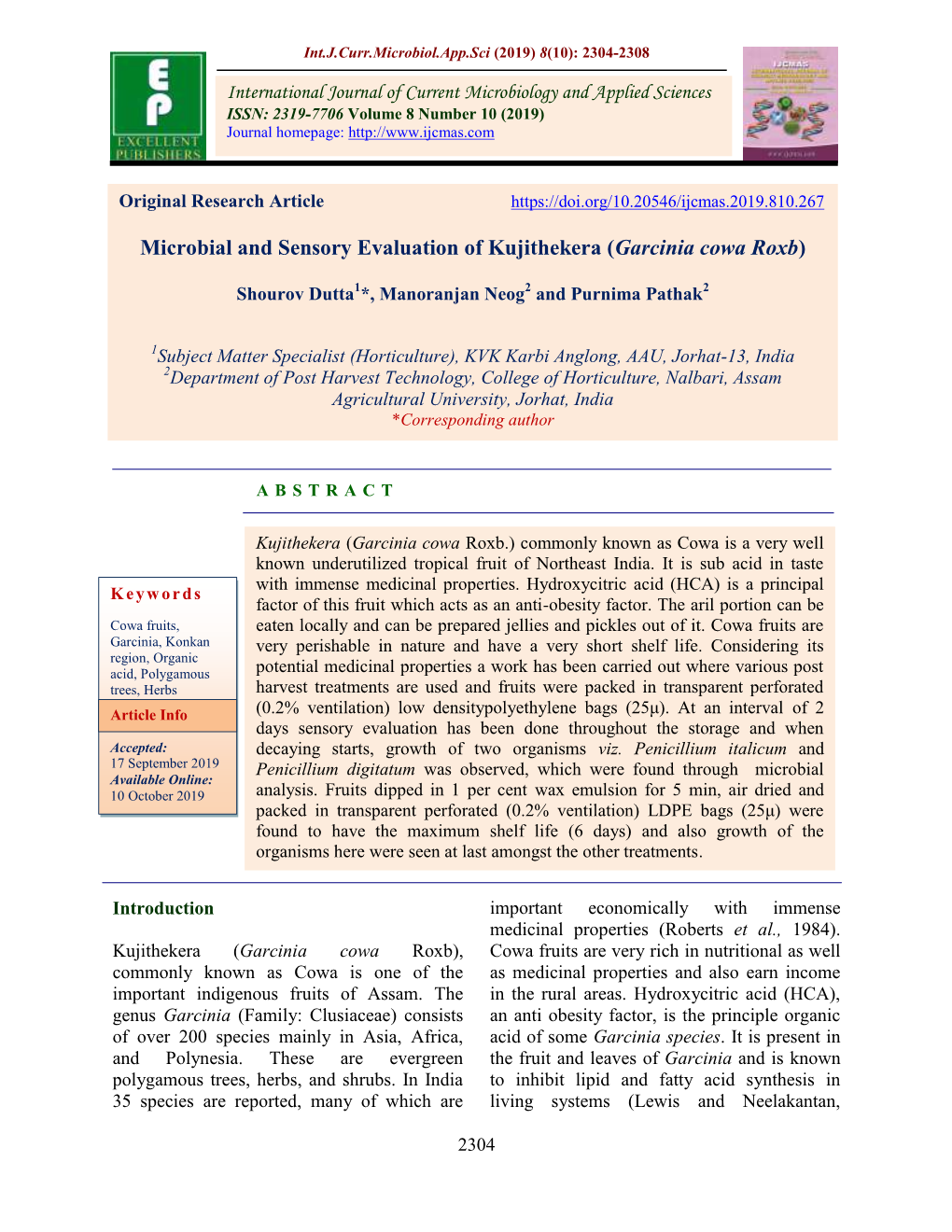 Microbial and Sensory Evaluation of Kujithekera (Garcinia Cowa Roxb)