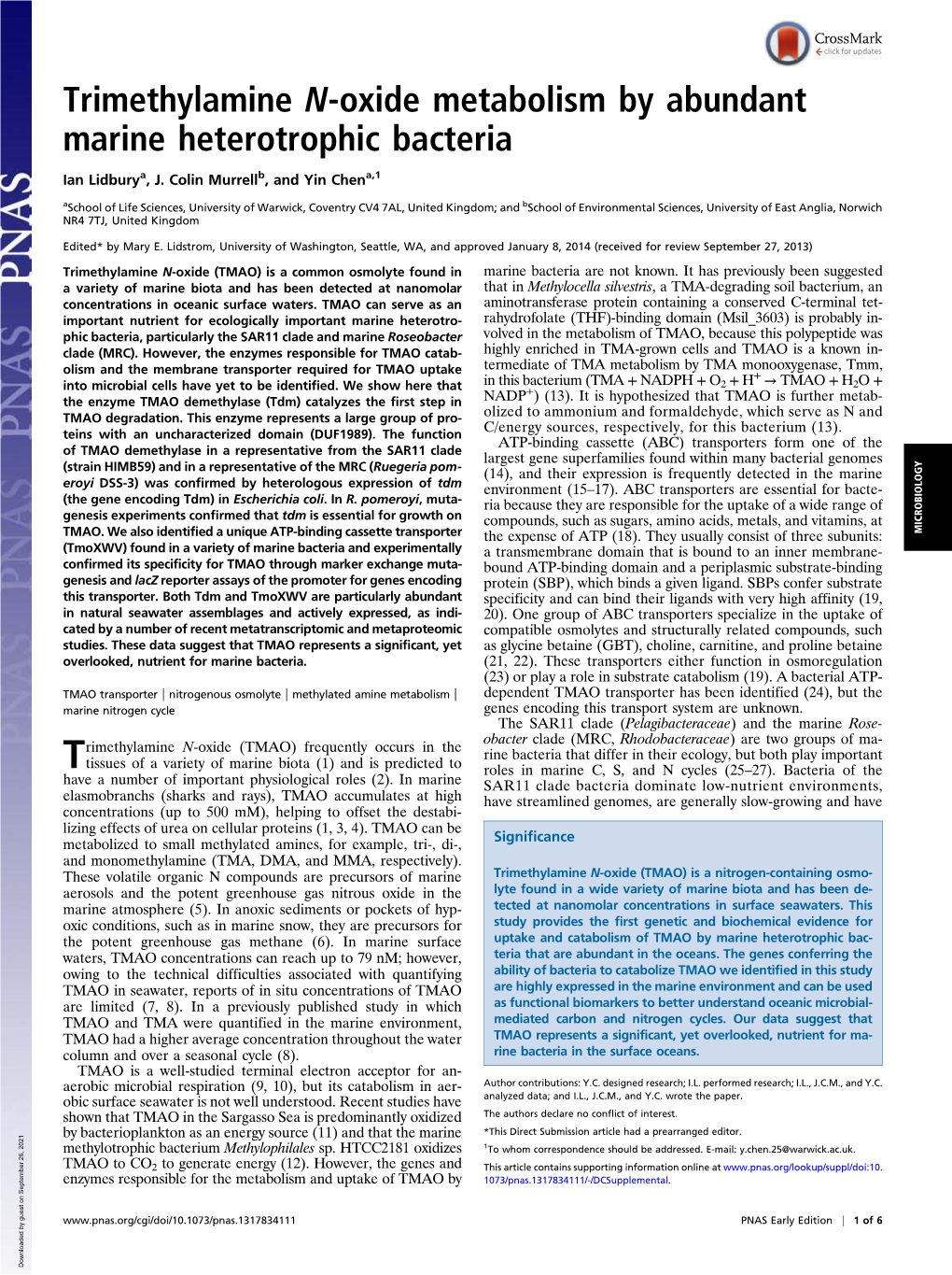 Trimethylamine N-Oxide Metabolism by Abundant Marine Heterotrophic Bacteria