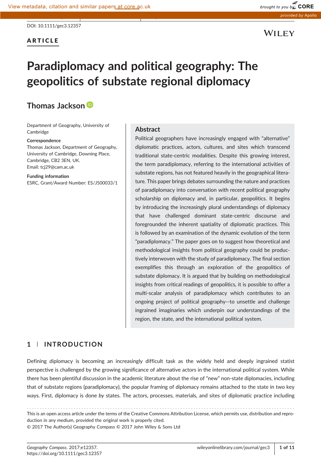 Paradiplomacy and Political Geography: the Geopolitics of Substate Regional Diplomacy