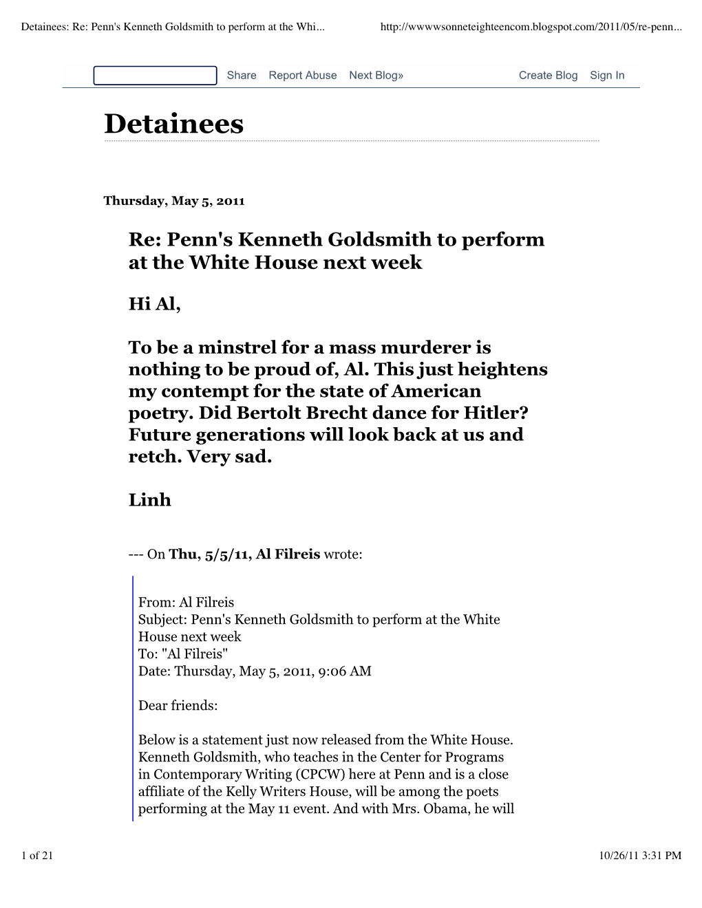 Detainees: Re: Penn's Kenneth Goldsmith to Perform at the White