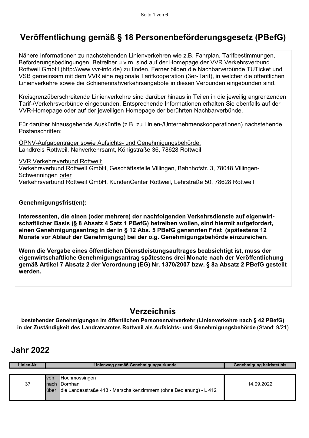 Veröffentlichung Gemäß § 18 Personenbeförderungsgesetz (Pbefg)