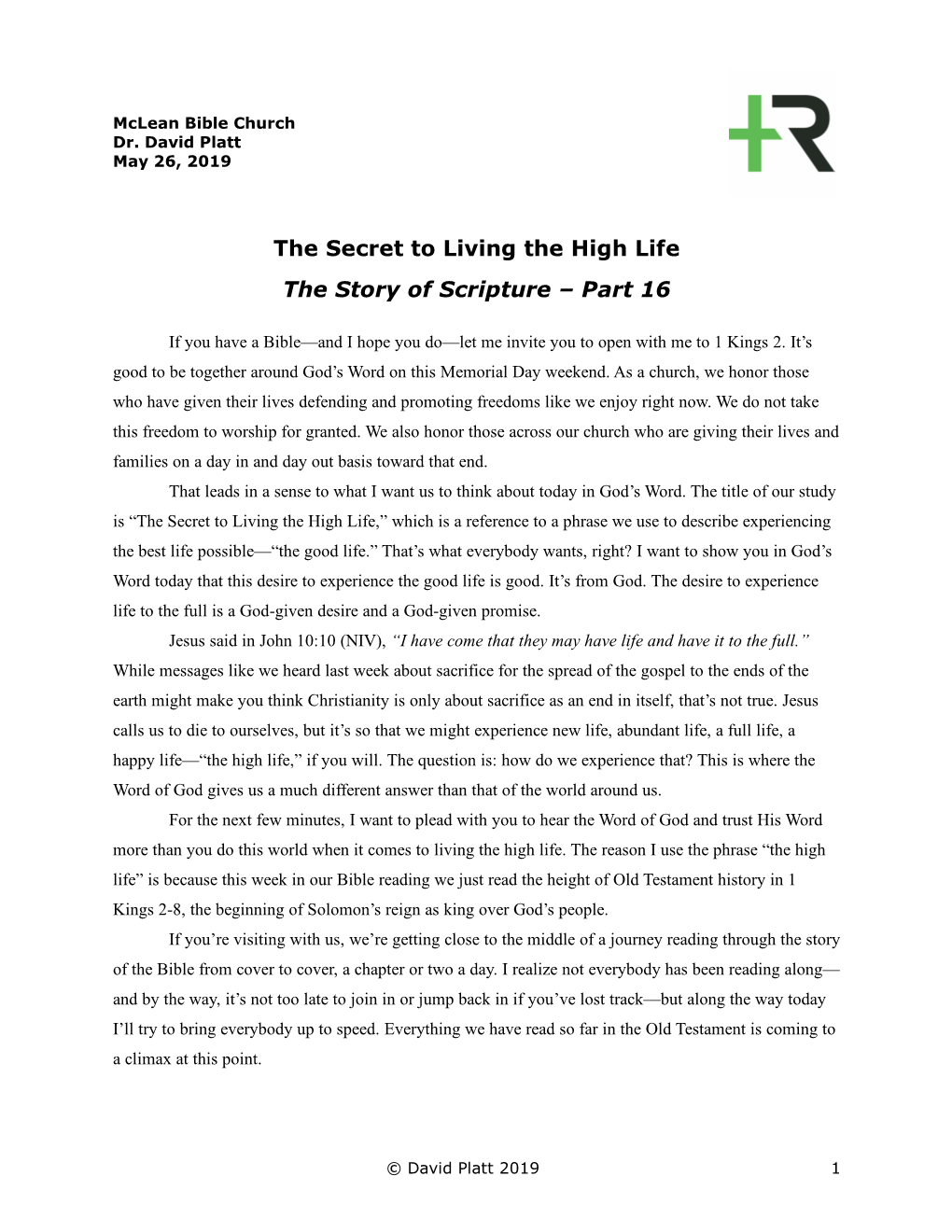 The Secret to Living the High Life the Story of Scripture
