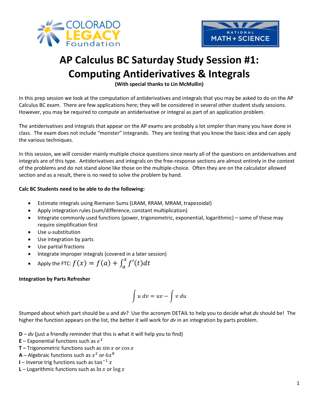 AP Calculus BC Saturday Study Session #1: Computing Antiderivatives & Integrals (With Special Thanks to Lin Mcmullin)