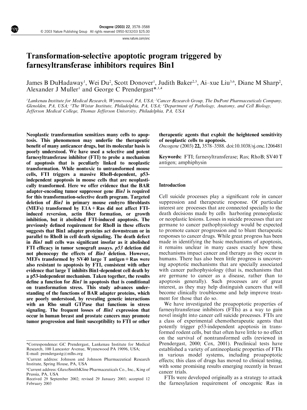 Transformation-Selective Apoptotic Program Triggered by Farnesyltransferase Inhibitors Requires Bin1