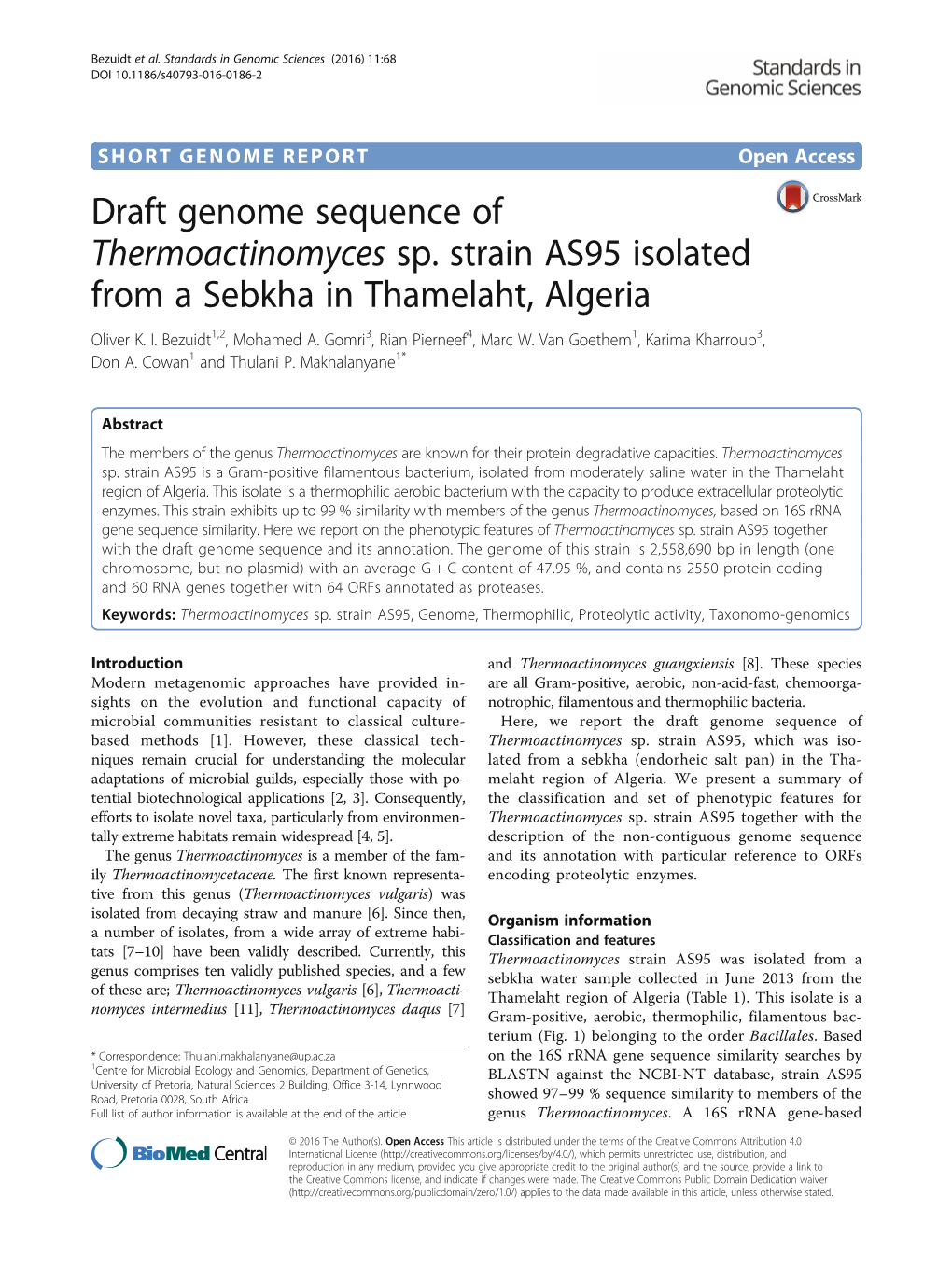 Draft Genome Sequence of Thermoactinomyces Sp. Strain AS95 Isolated from a Sebkha in Thamelaht, Algeria Oliver K