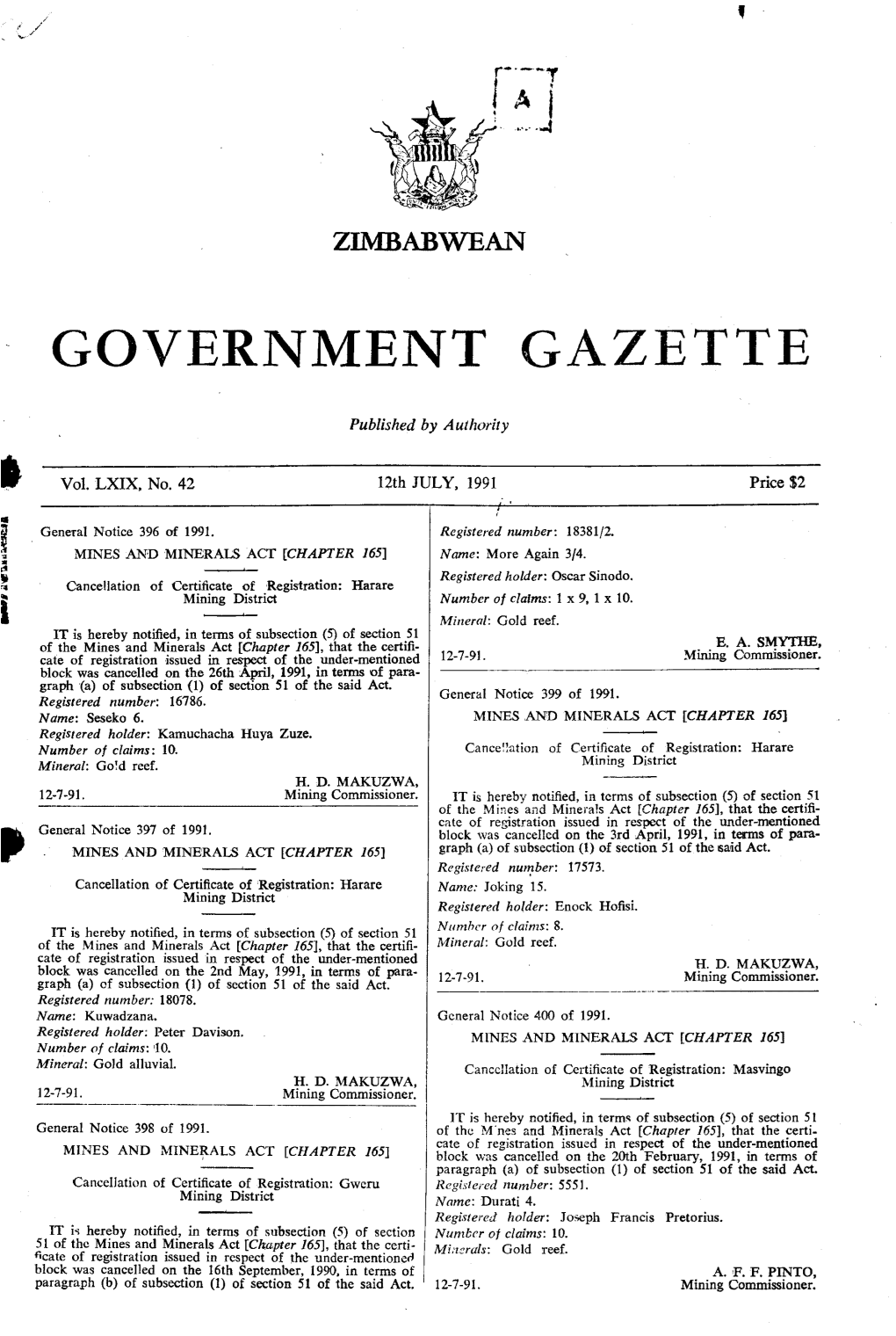 Zimbabwean Government Gazette, 12Th July, 1991