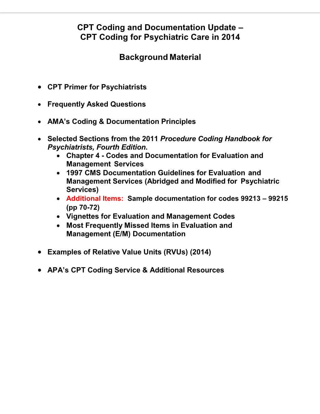 CPT Coding for Psychiatric Care in 2014 Background Material