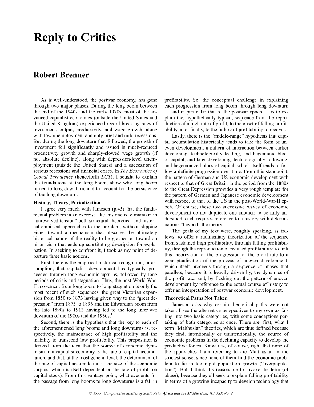 Reply to Critics Robert Brenner