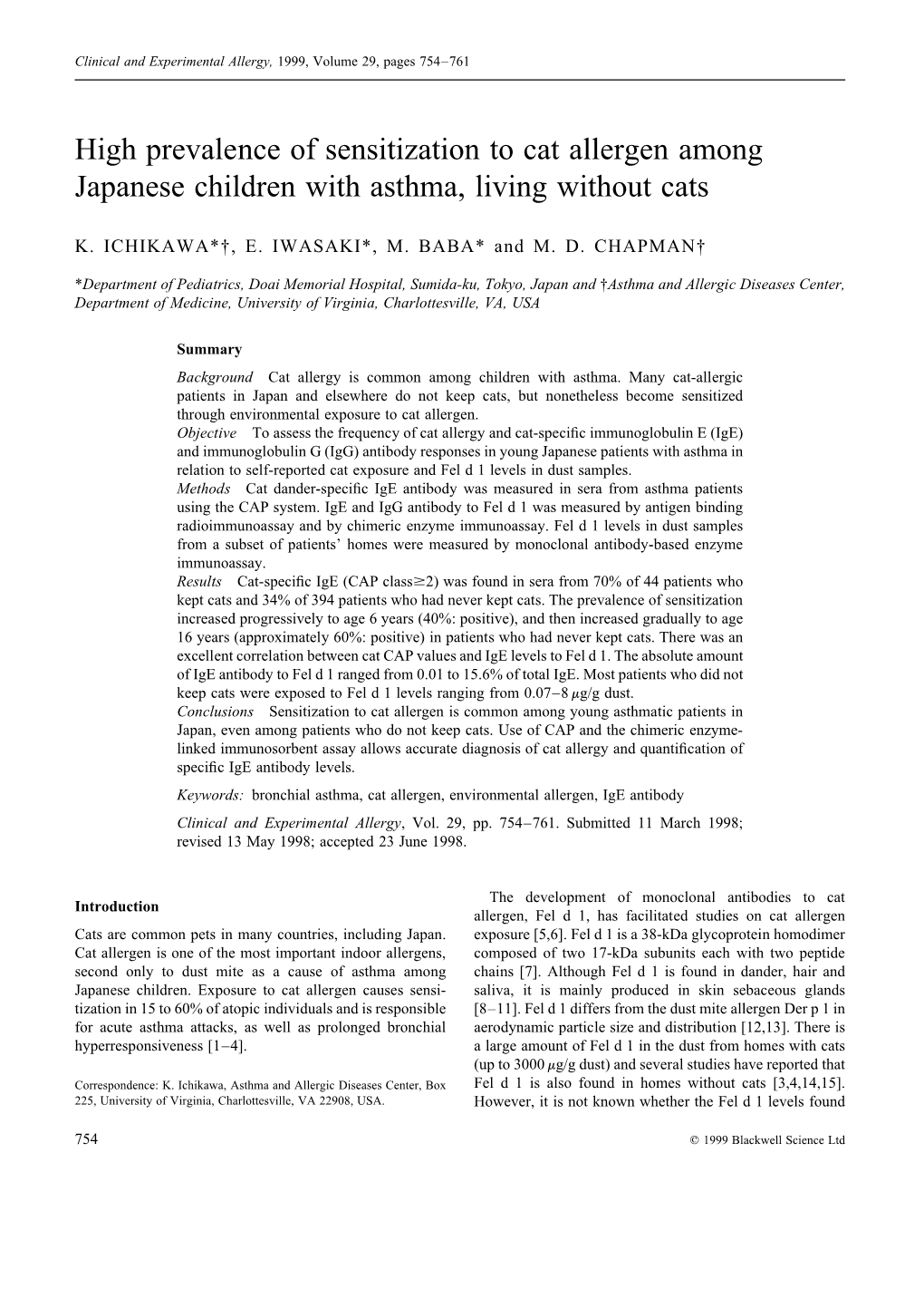 High Prevalence of Sensitization to Cat Allergen Among Japanese Children with Asthma, Living Without Cats