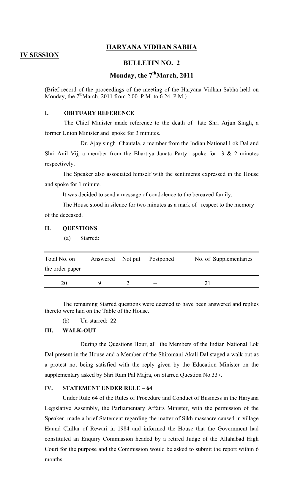 HARYANA VIDHAN SABHA IV SESSION BULLETIN NO. 2 Monday