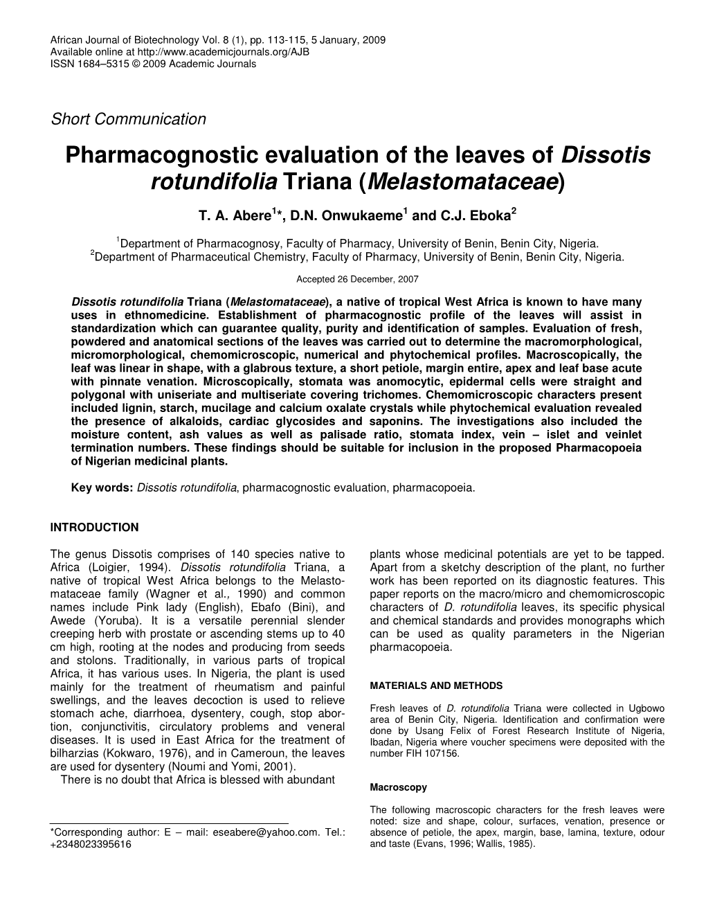 Pharmacognostic Evaluation of the Leaves of Dissotis Rotundifolia Triana (Melastomataceae)