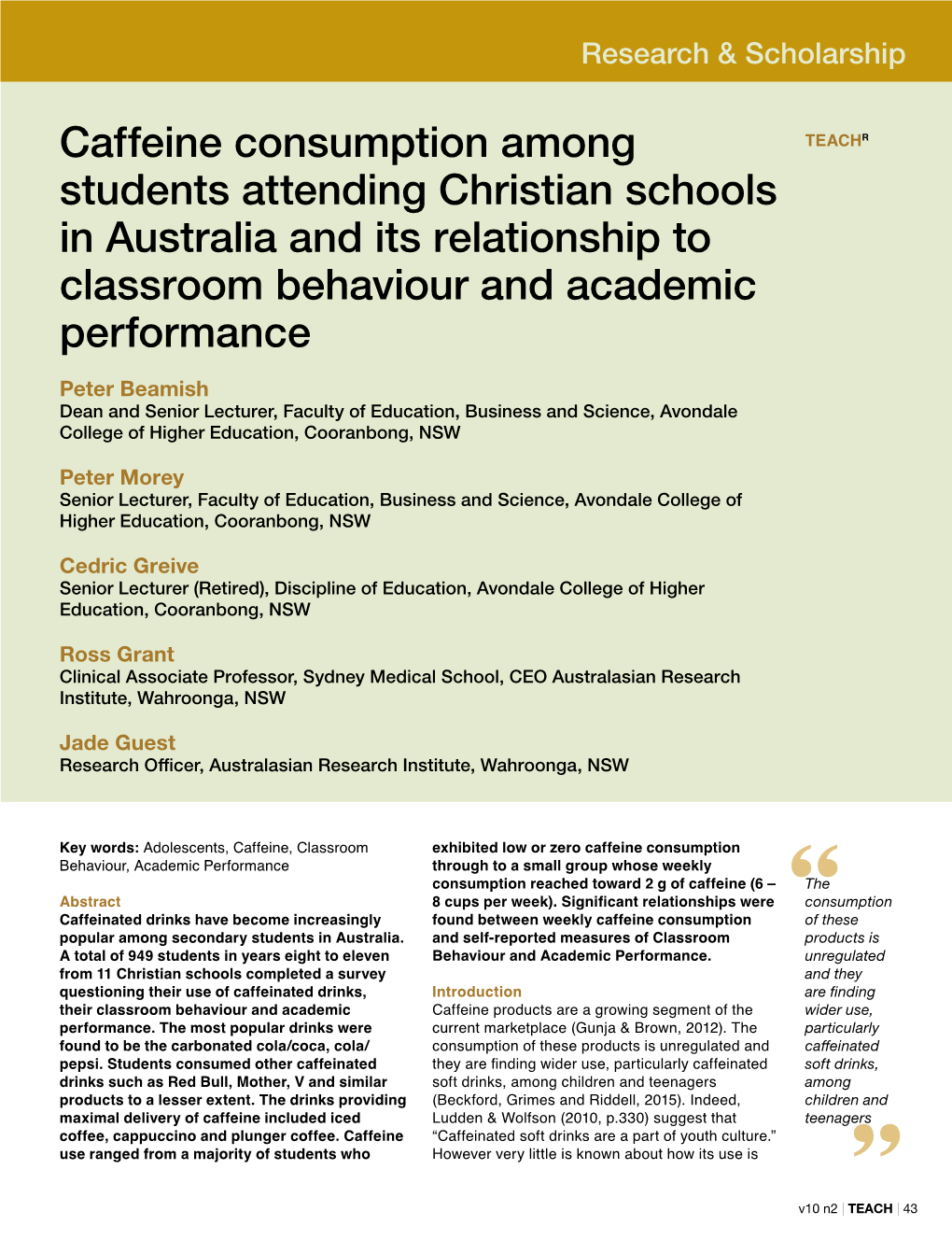 Caffeine Consumption Among Students Attending Christian Schools In