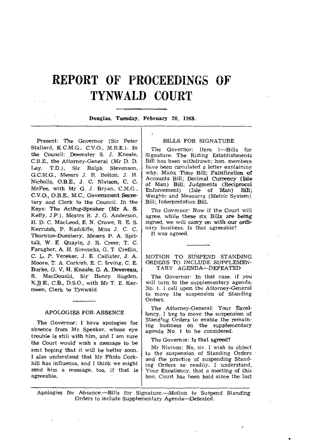 Report of Proceedings of Tynwald Court