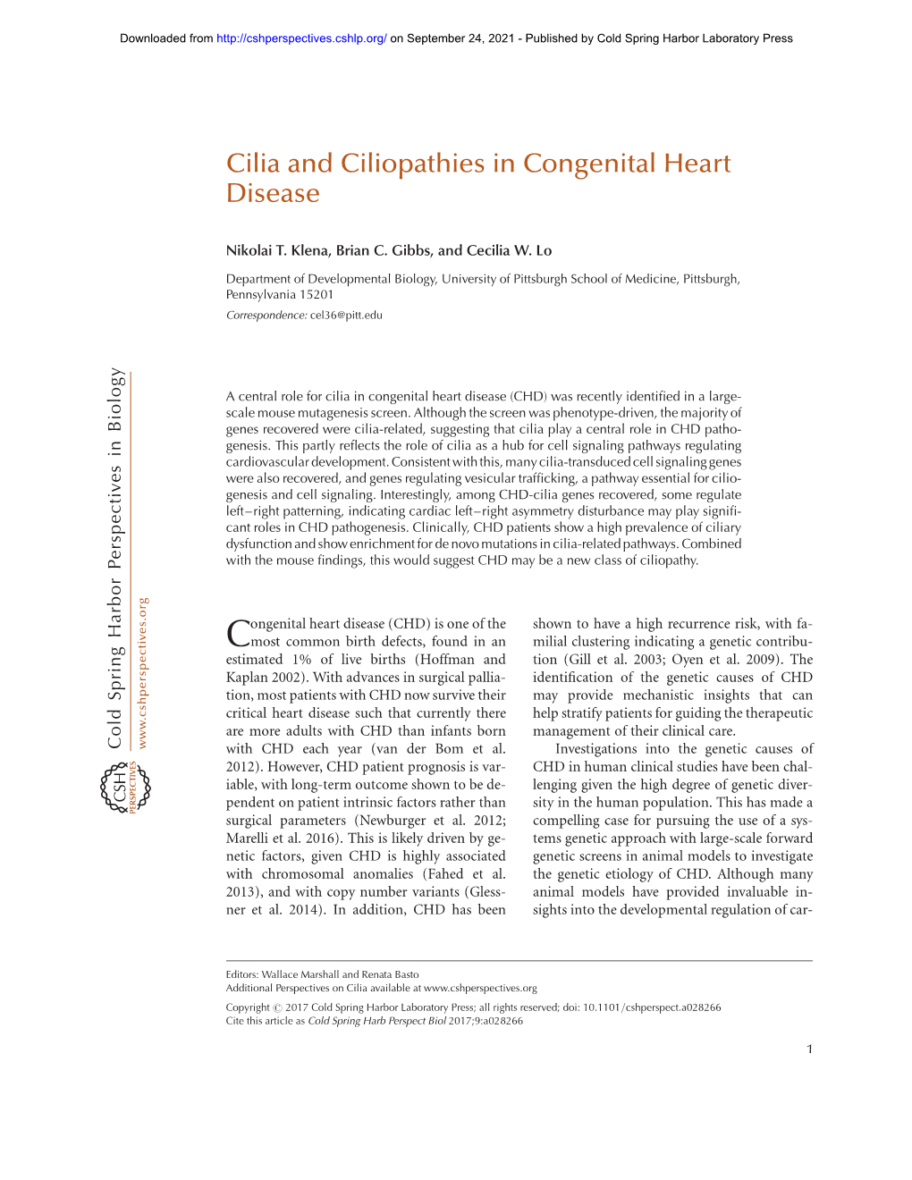 Cilia and Ciliopathies in Congenital Heart Disease