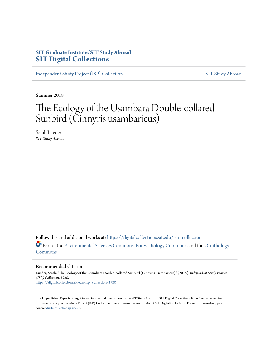 The Ecology of the Usambara Double-Collared Sunbird (Cinnyris Usambaricus)