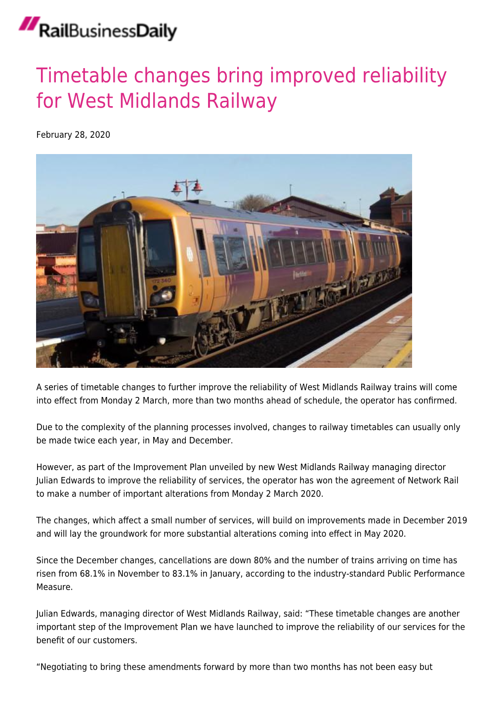 Timetable Changes Bring Improved Reliability for West Midlands Railway