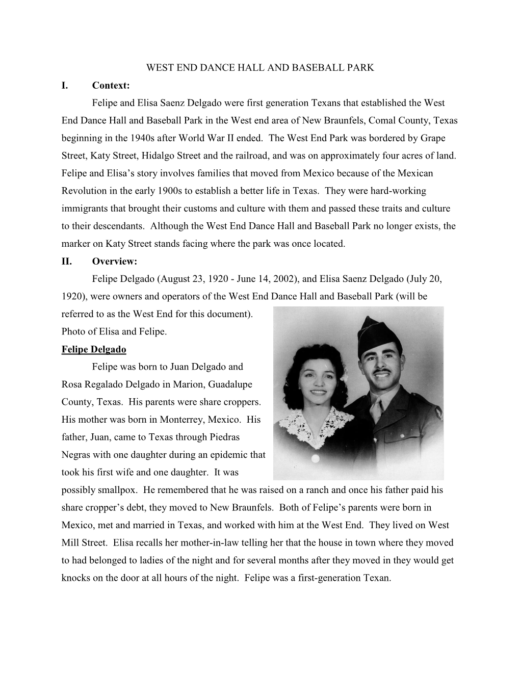 WEST END DANCE HALL and BASEBALL PARK I. Context: Felipe and Elisa Saenz Delgado Were First Generation Texans That Established T