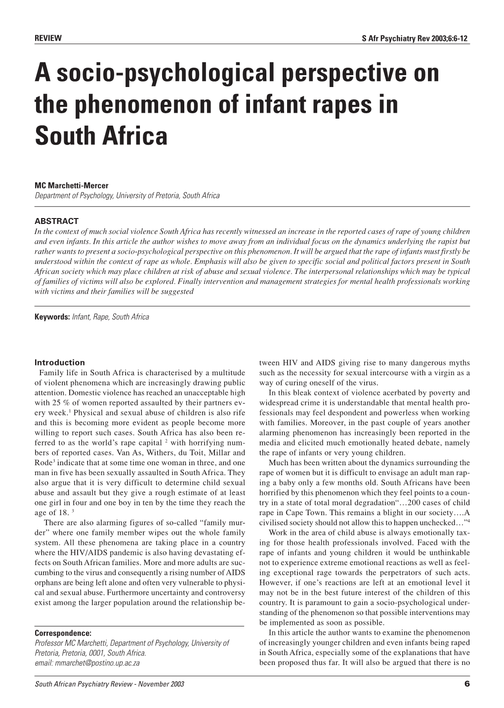 A Socio-Psychological Perspective on the Phenomenon of Infant Rapes in South Africa
