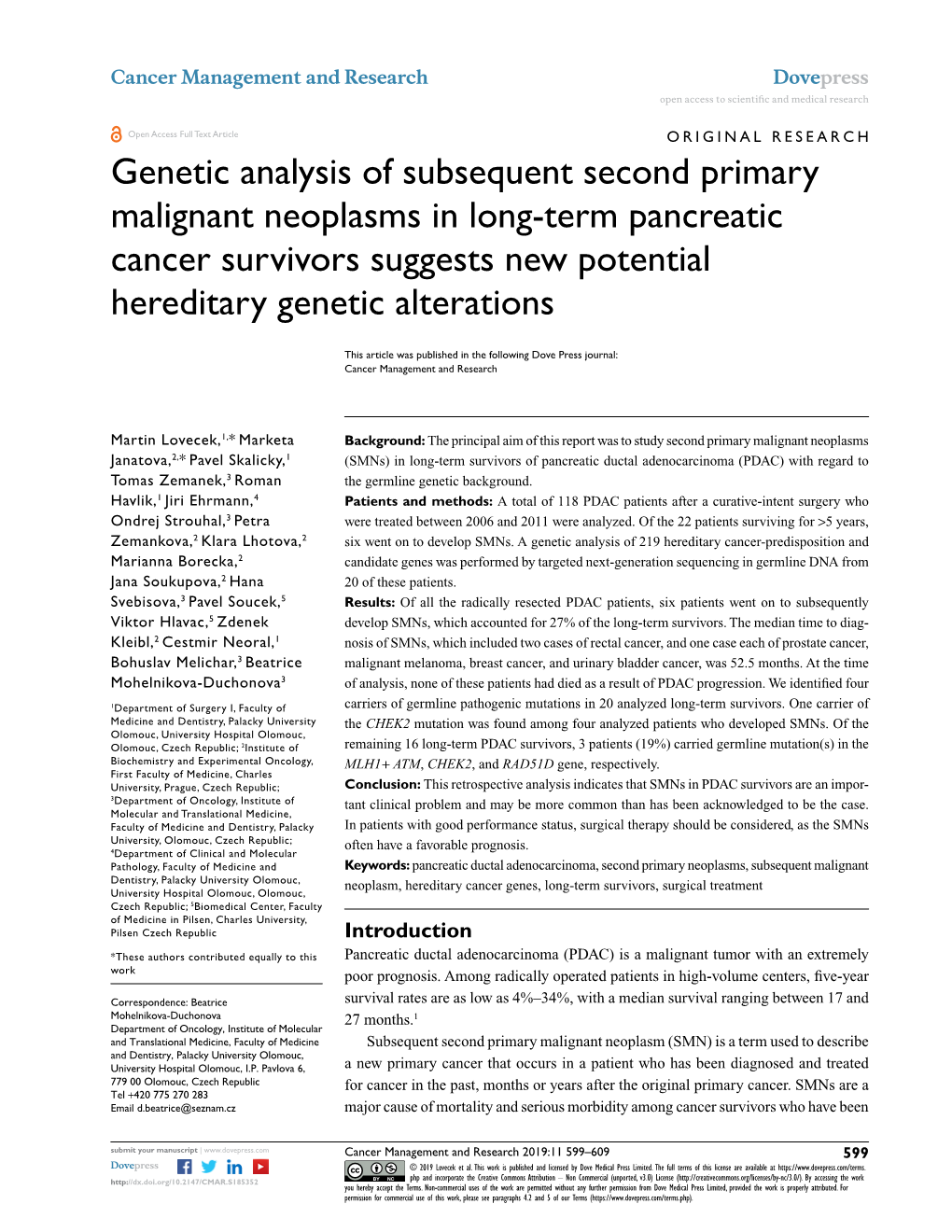 Genetic Analysis of Subsequent Second Primary Malignant Neoplasms in Long-Term Pancreatic Cancer Survivors Suggests New Potential Hereditary Genetic Alterations