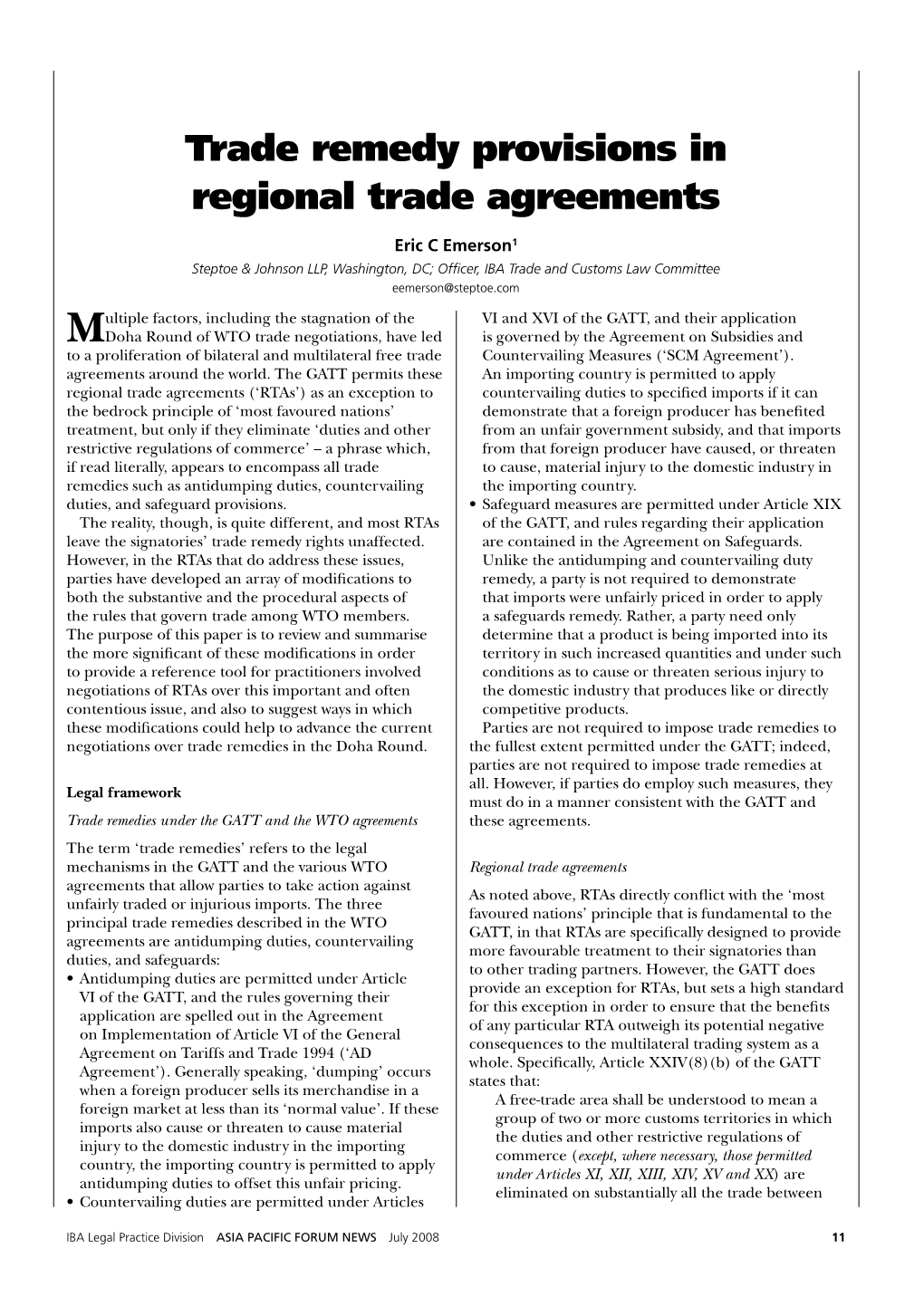 Trade Remedy Provisions in Regional Trade Agreements