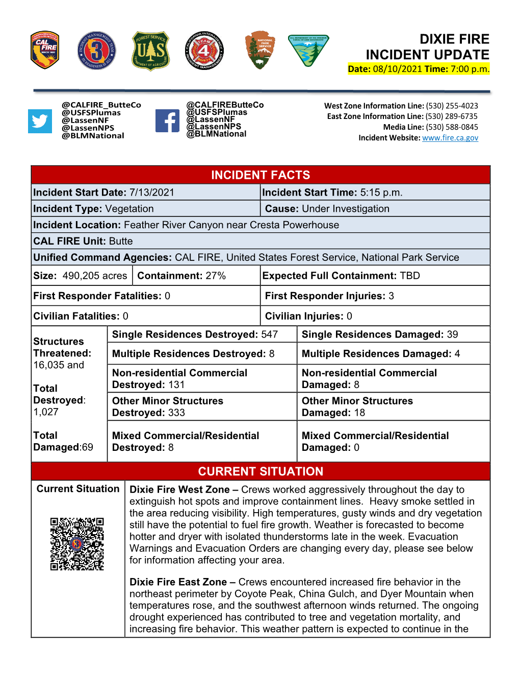 DIXIE FIRE INCIDENT UPDATE Date: 08/10/2021 Time: 7:00 P.M