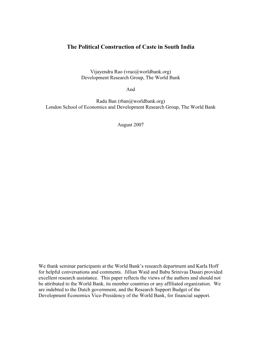 The Political Construction of Caste in South India