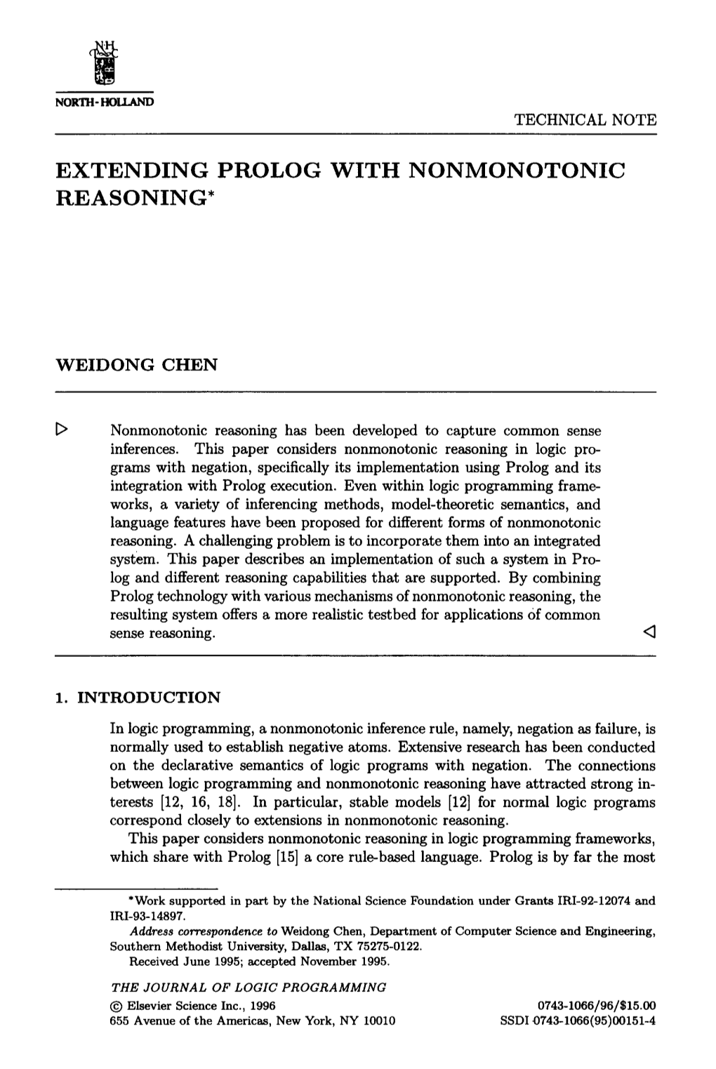 Extending Prolog with Nonmonotonic Reasoning*