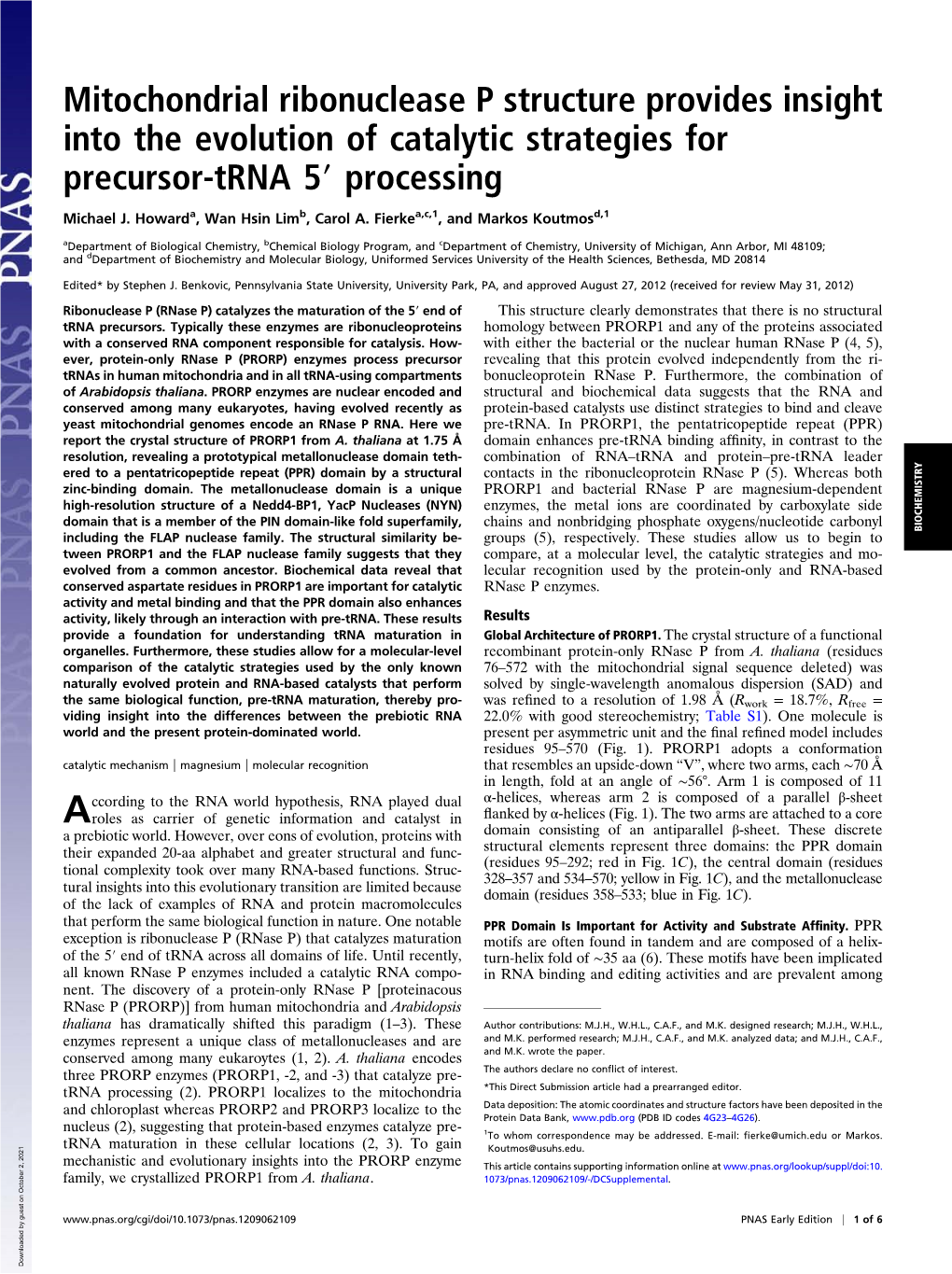 Mitochondrial Ribonuclease P Structure Provides Insight Into the Evolution of Catalytic Strategies for Precursor-Trna 5′ Processing