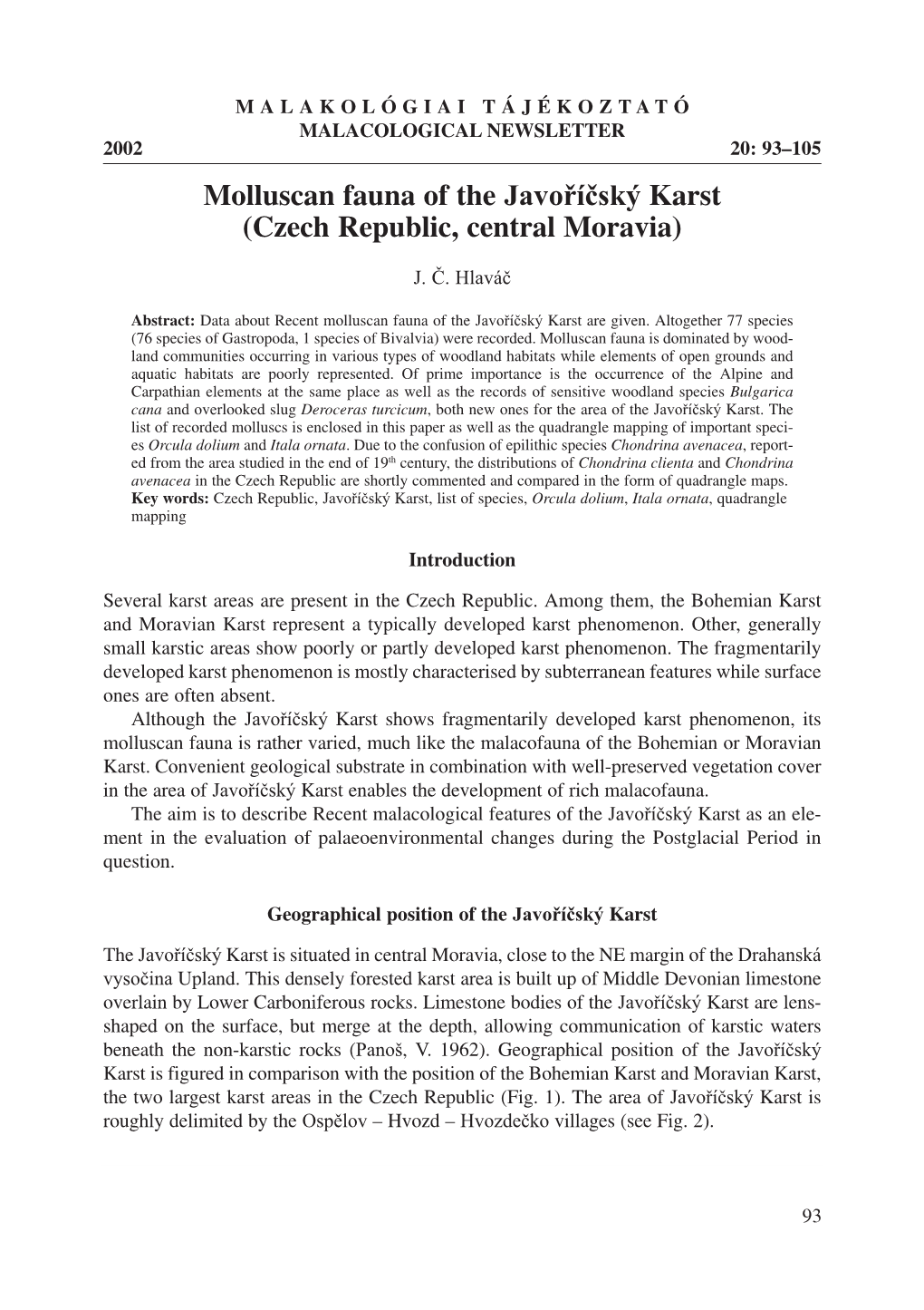 Molluscan Fauna of the Javoříčský Karst (Czech Republic, Central Moravia)