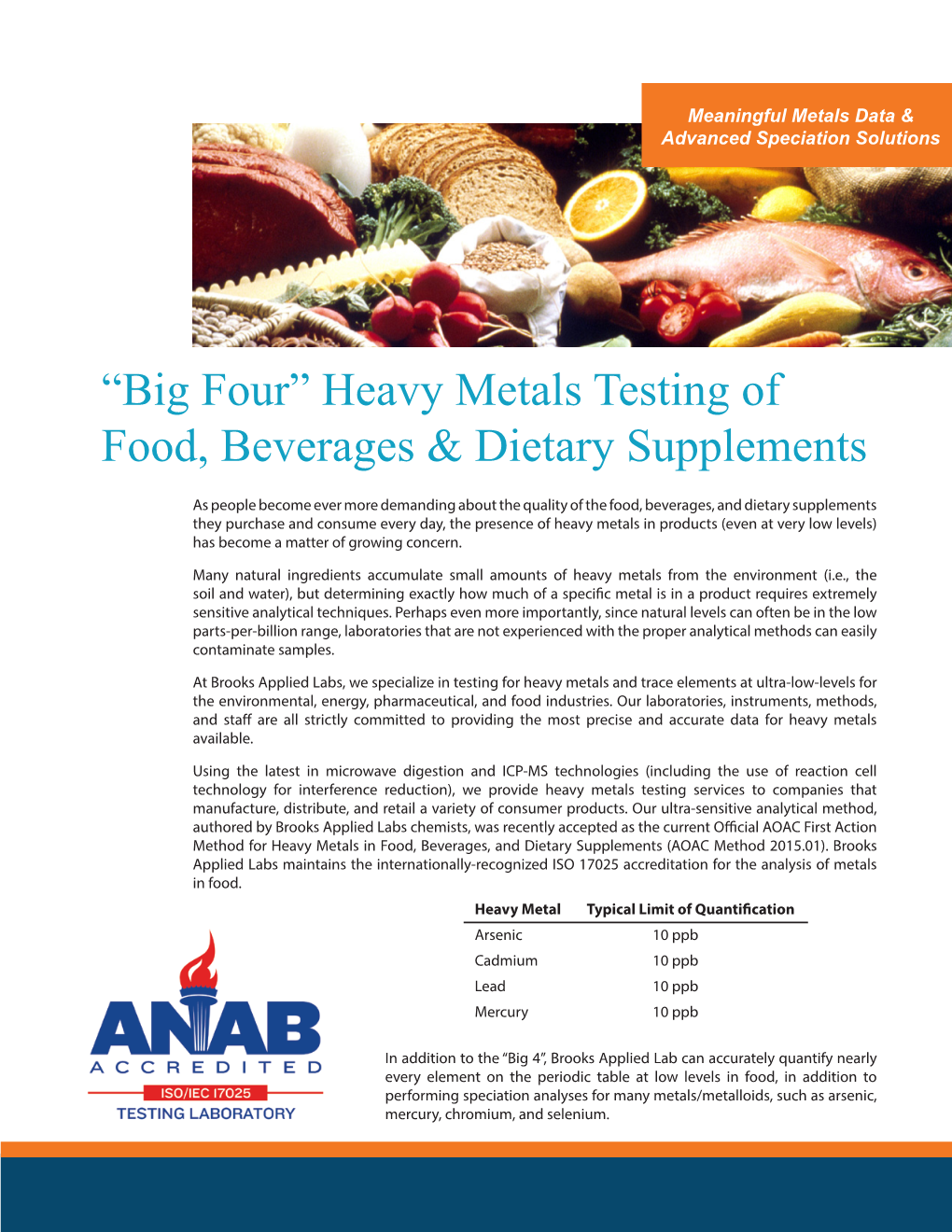 “Big Four” Heavy Metals Testing of Food, Beverages & Dietary