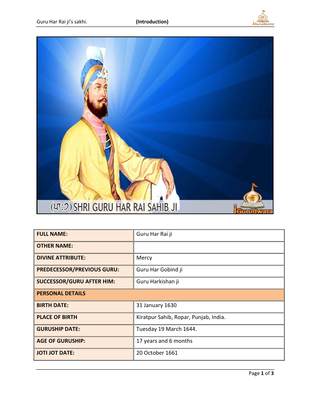 Guru Har Rai Ji OTHER NAME