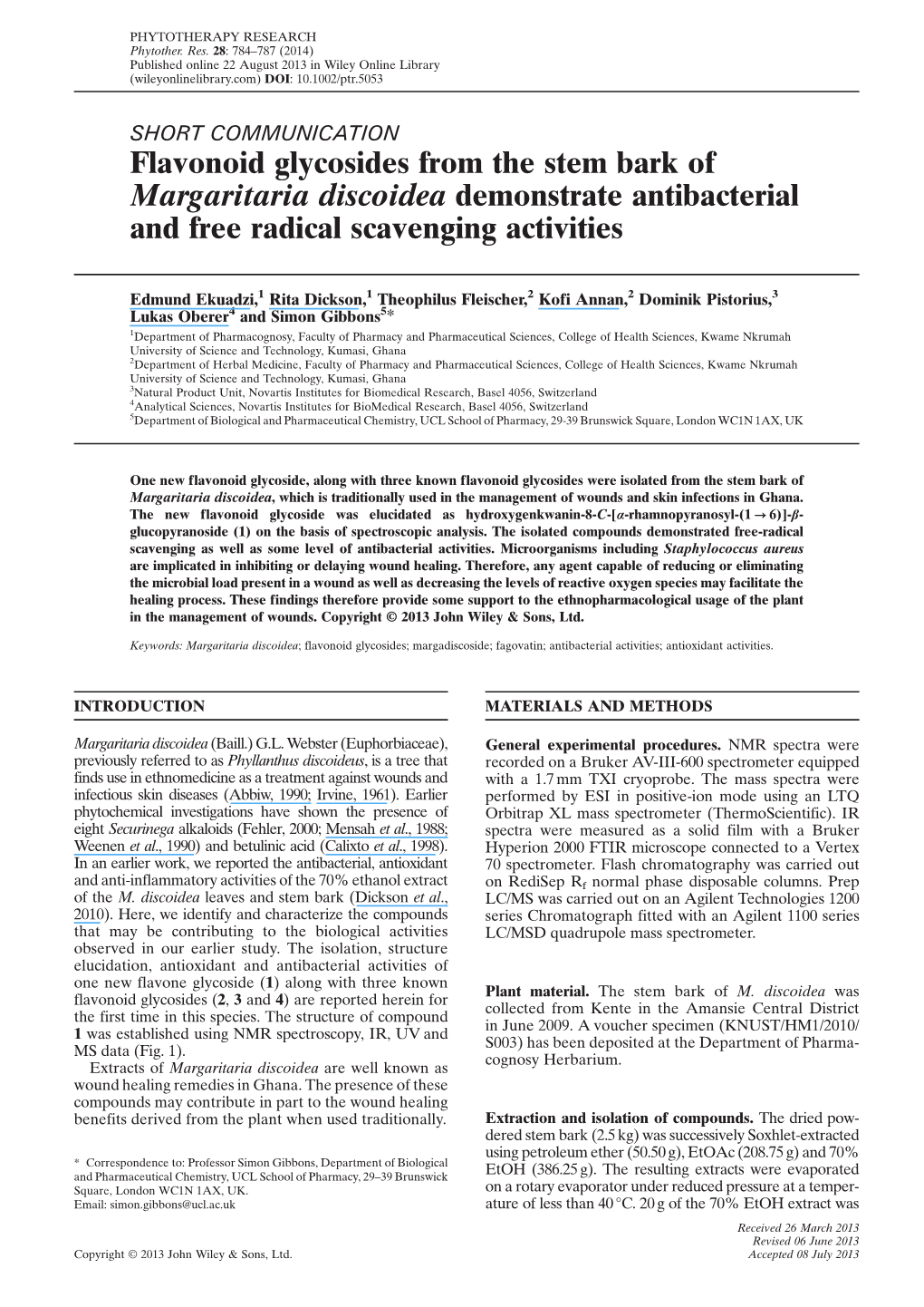 Flavonoid Glycosides from the Stem Bark of Margaritaria Discoidea Demonstrate Antibacterial and Free Radical Scavenging Activities