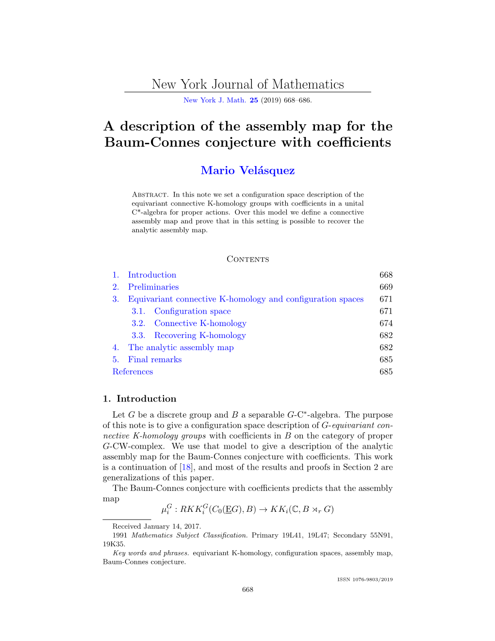 New York Journal of Mathematics a Description of the Assembly Map For