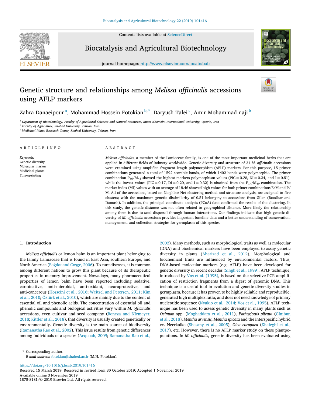 Genetic Structure and Relationships Among Melissa Officinalis Accessions Using AFLP Markers