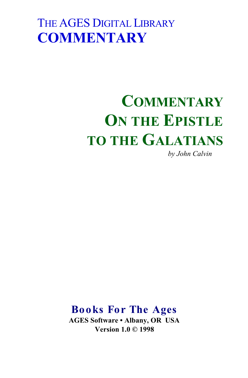 COMMENTARY on the EPISTLE to the GALATIANS by John Calvin