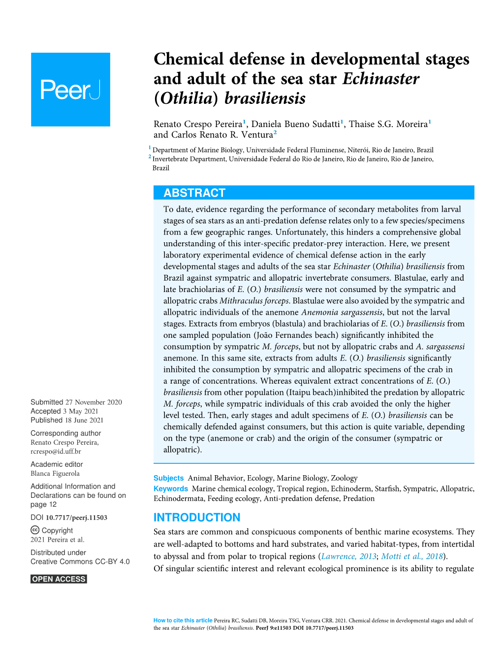 Chemical Defense in Developmental Stages and Adult of the Sea Star Echinaster (Othilia) Brasiliensis