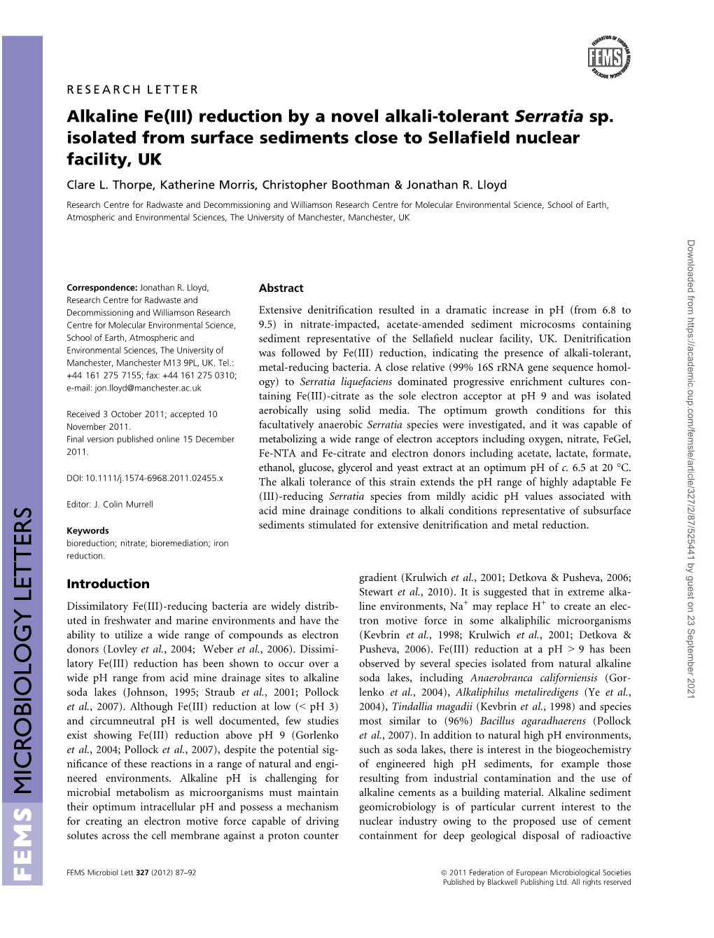 Alkaline Fe(III) Reduction by a Novel Alkalitolerant Serratia Sp. Isolated