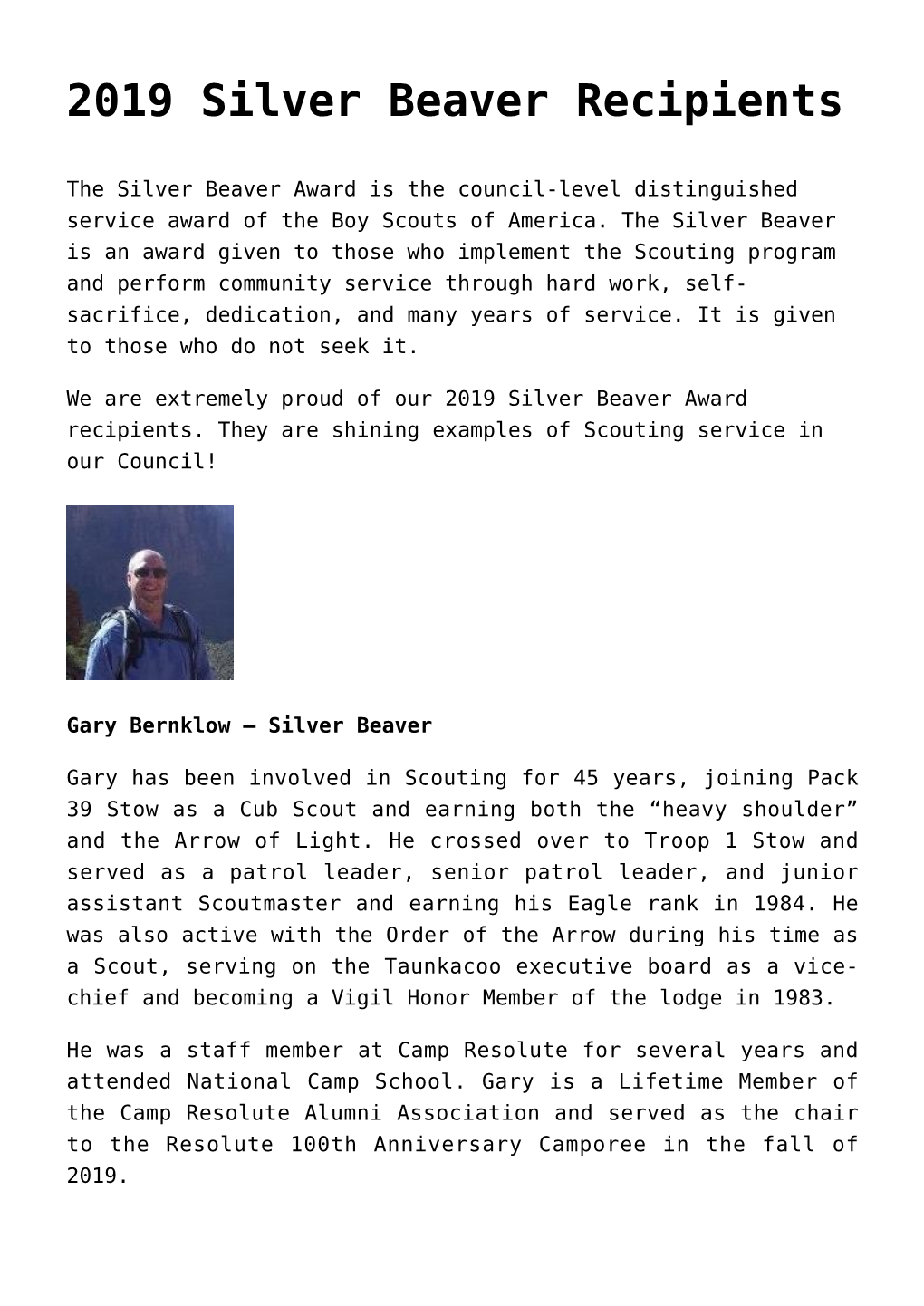 2019 Silver Beaver Recipients,Commissioners,2020-2021 Parent’